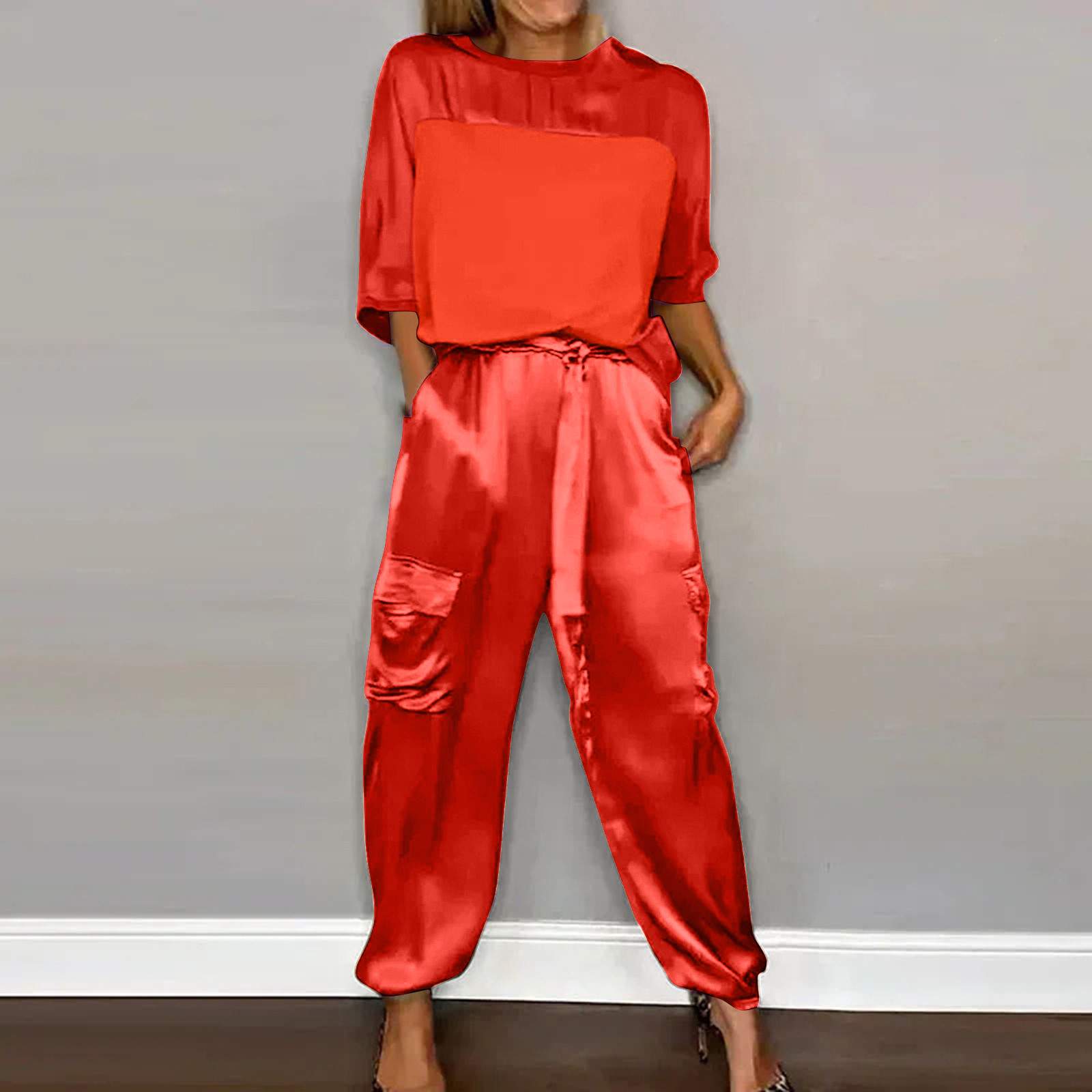 thumbnail image 2 of Conjunto de pijama de mujer con top de manga media y pantalones de satén suave - Poliéster spandex, estampado, para todas las estaciones - S-XXXXXL, 2 of 5
